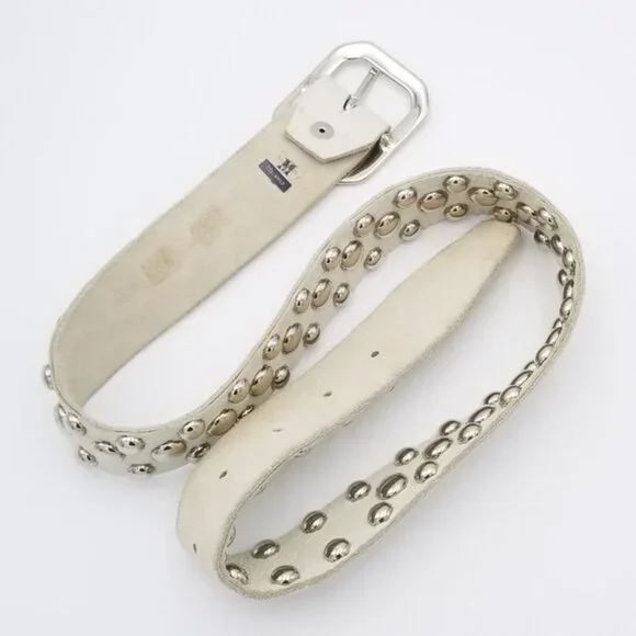 Melamed Biker chrome studded leather belt white silver